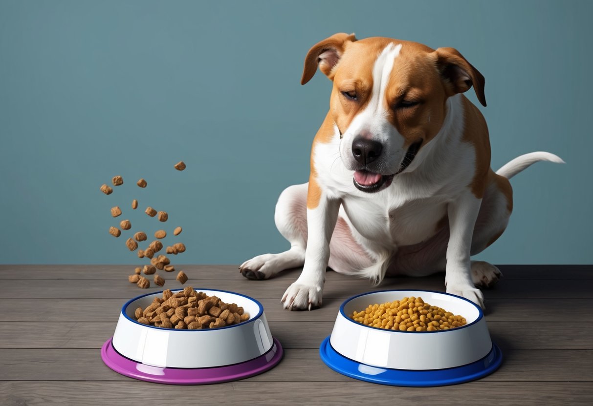 A dog with a sensitive stomach is shown with two bowls - one filled with wet food and the other with dry food.</p><p>The dog is visibly uncomfortable and vomiting after eating the dry food