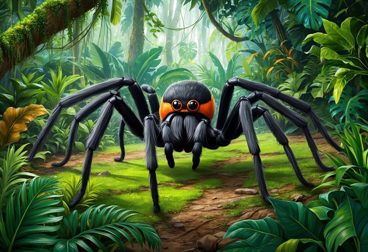 A lush jungle setting with a massive Goliath birdeater spider crawling along the forest floor, surrounded by vibrant flora and fauna