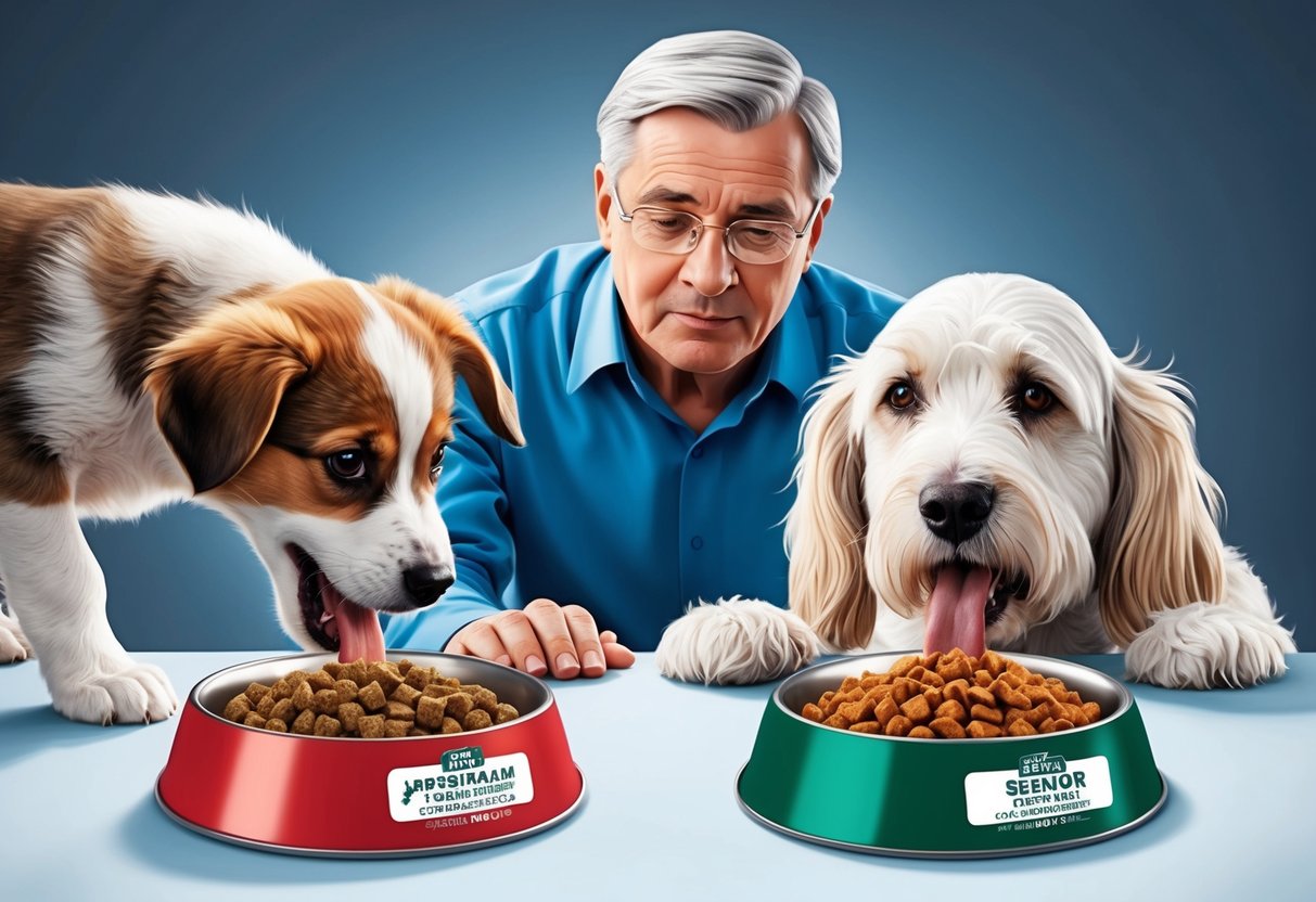 A playful puppy and a gentle senior dog eating from separate bowls of specially formulated dog food, with a concerned owner watching closely