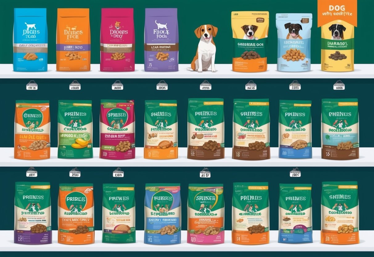 A variety of dog food brands displayed on shelves with price tags, emphasizing affordability and suitability for dogs with sensitive stomachs