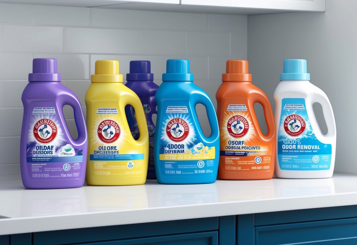 A variety of laundry detergent bottles, each labeled with different types for odor removal, arranged on a clean, white countertop