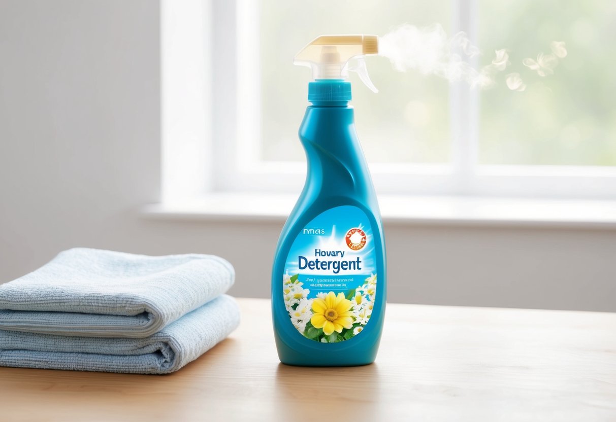 A bottle of detergent stands on a clean, folded towel.</p><p>A fresh, flowery scent wafts from the open cap