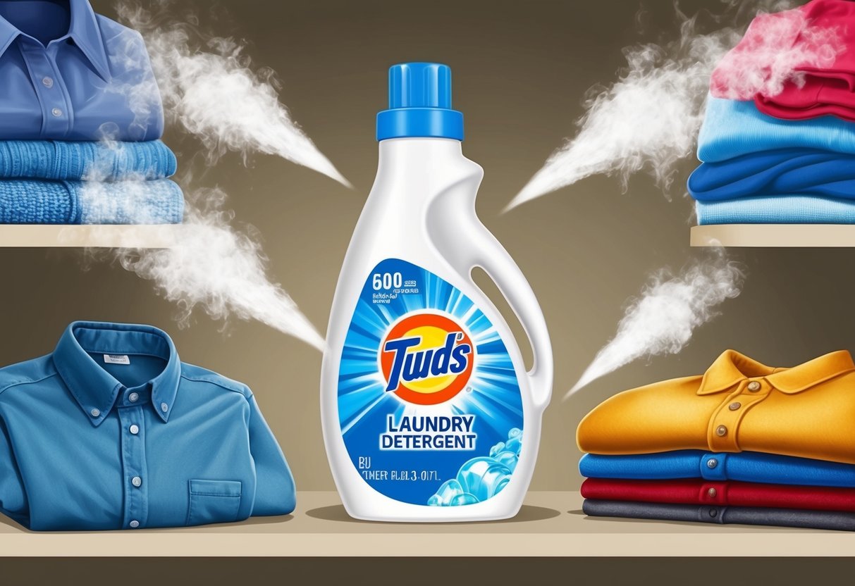 A bottle of laundry detergent stands on a shelf, surrounded by various clothing items emitting odors