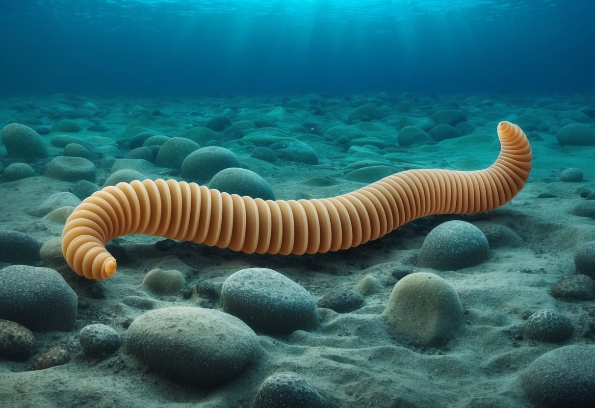 A bobbit worm emerges from the ocean floor, its long, segmented body undulating as it waits for unsuspecting prey to pass by