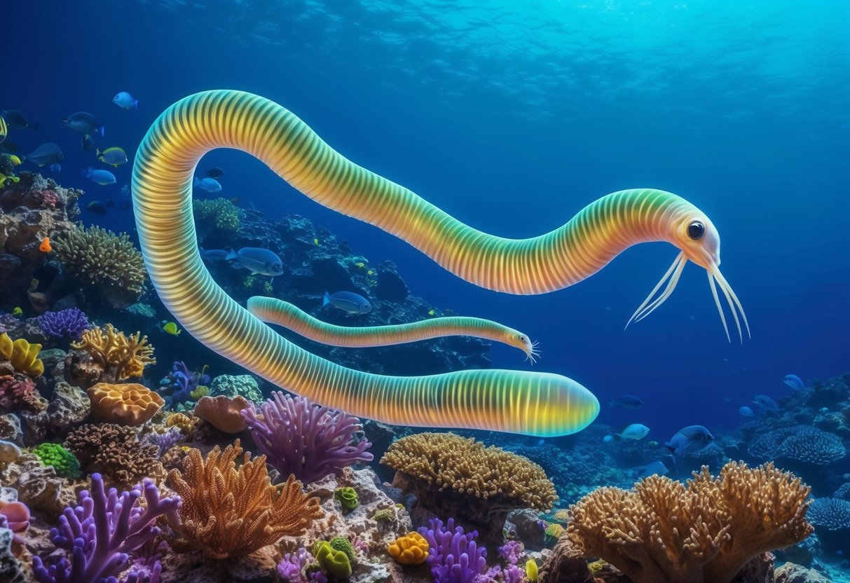 A bobbit worm emerges from a coral reef, its long, iridescent body undulating as it hunts for prey in the vibrant underwater ecosystem