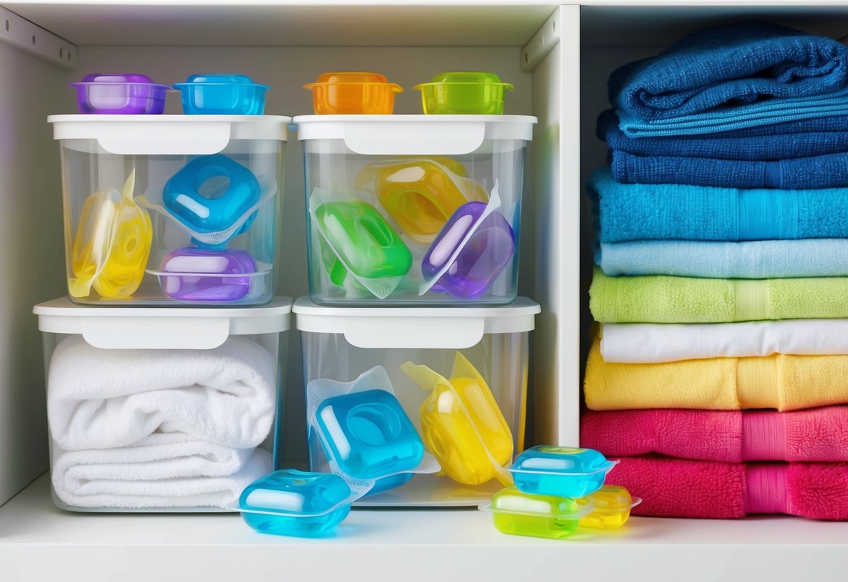 A laundry room shelf with colorful pods in clear containers, surrounded by fresh-scented laundry and clean, folded clothes