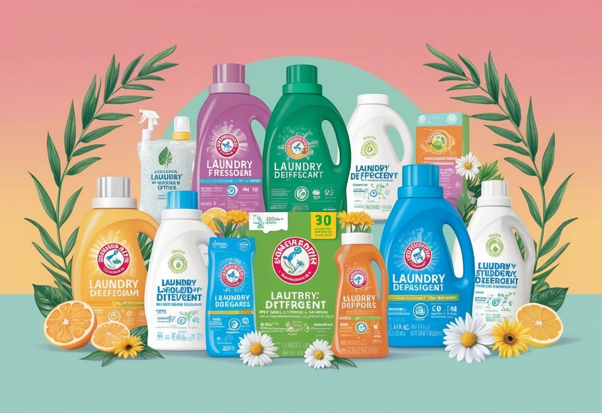 A vibrant illustration of eco-friendly laundry detergent options with various sustainable packaging, surrounded by fresh, aromatic scents