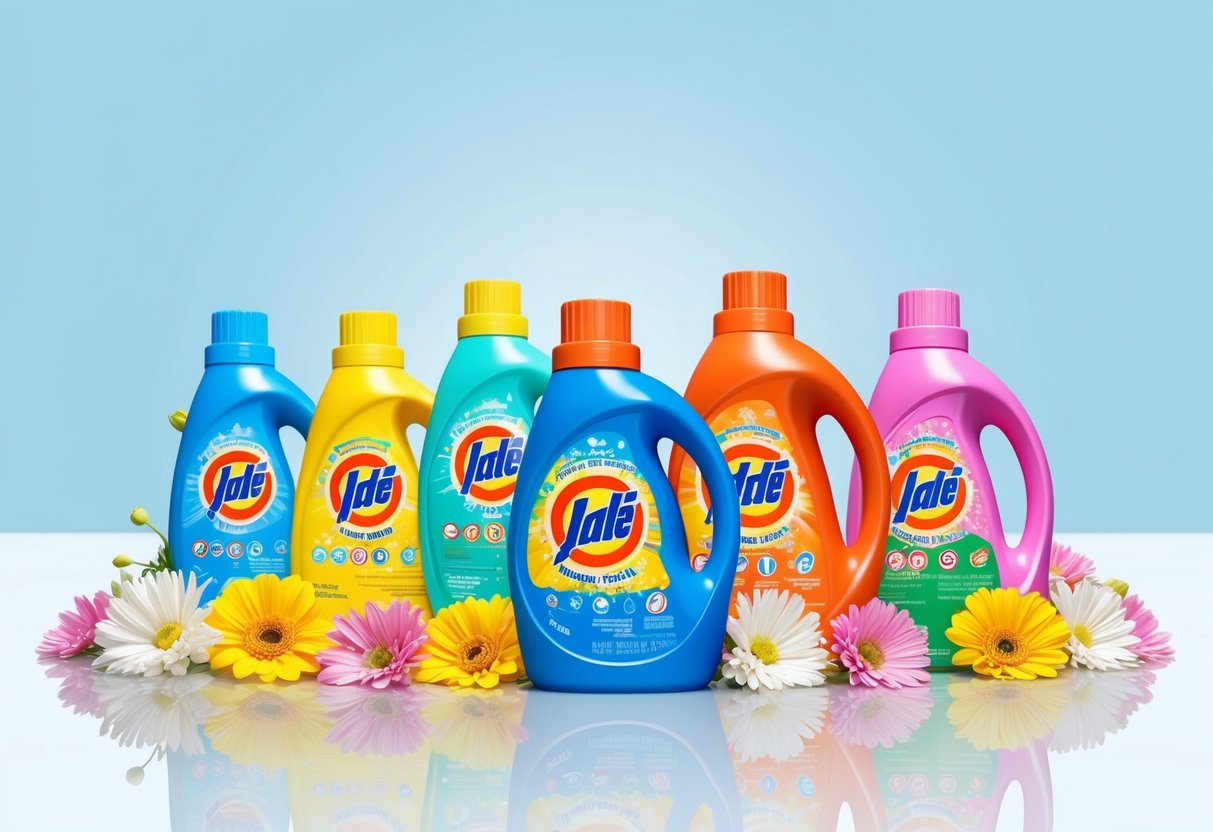 A colorful array of laundry detergent bottles with varying ratings, surrounded by fresh-smelling flowers and a clean, bright background