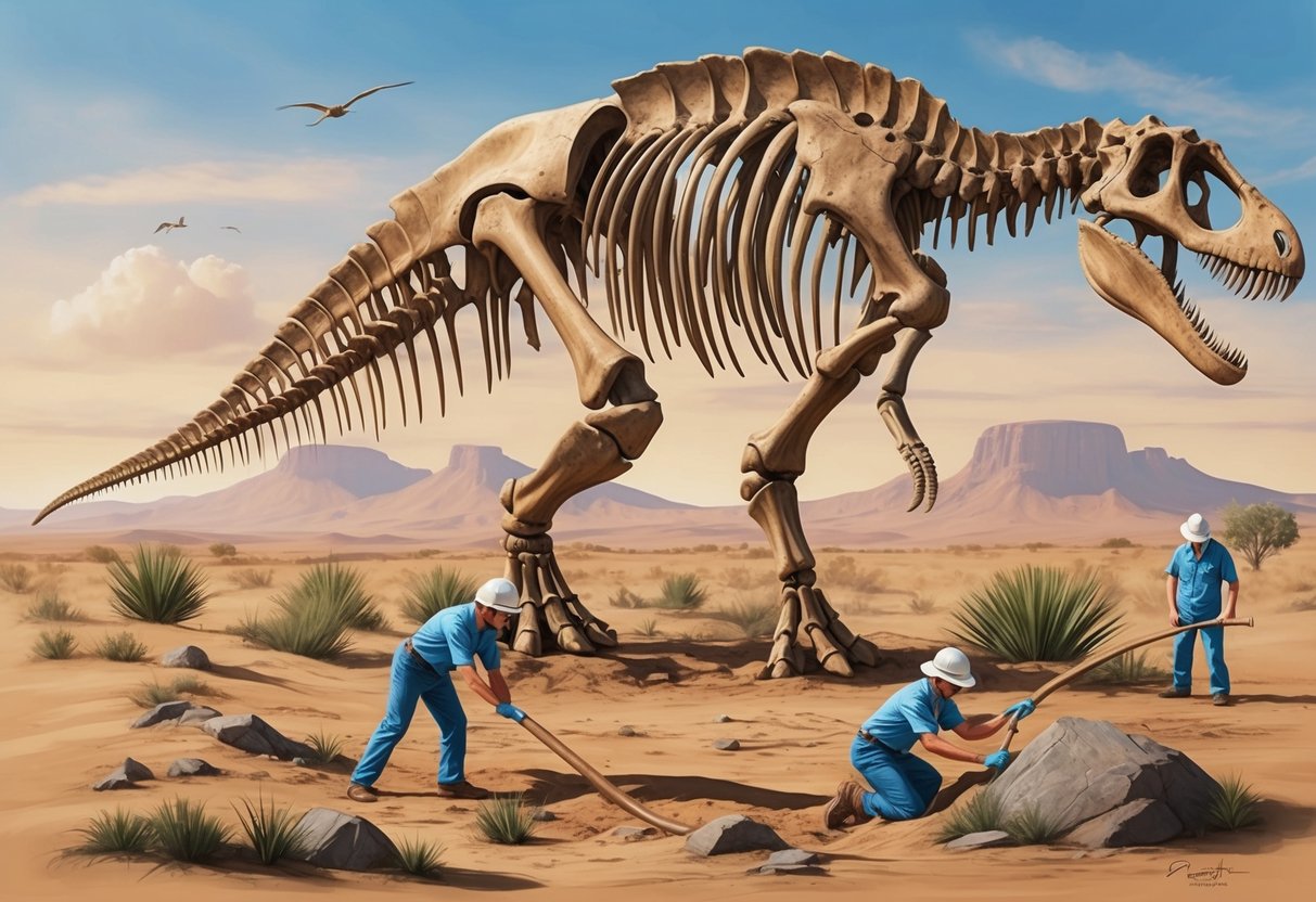 A brachiosaurus skeleton is excavated in a desert landscape, with paleontologists carefully unearthing the massive bones