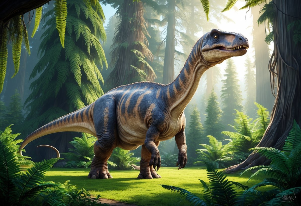 A brachiosaurus stands tall in a lush, prehistoric forest, surrounded by towering ferns and ancient conifers.</p><p>The sun filters through the dense foliage, casting dappled light on the massive dinosaur