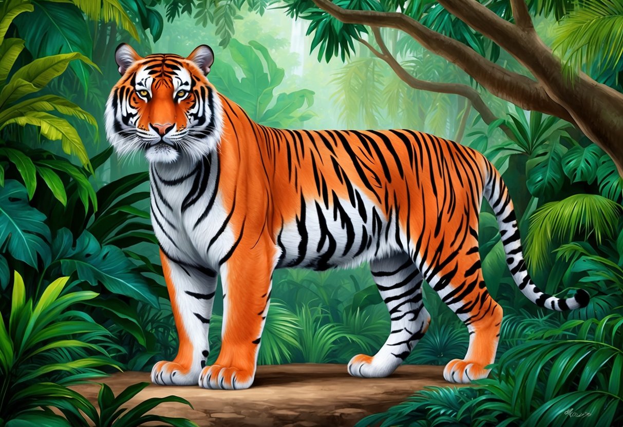 A majestic Bengal tiger stands proudly in a lush jungle, its powerful muscles and distinctive orange coat marking it as the largest of all tiger species