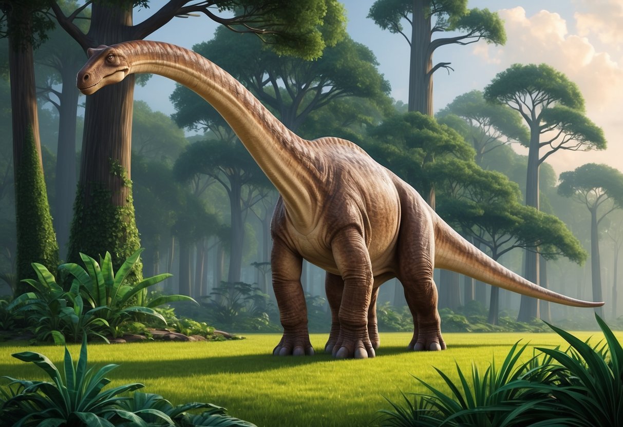 A brachiosaurus stands tall, grazing on lush vegetation in a prehistoric forest.</p><p>Its long neck and tail create a graceful silhouette against the towering trees