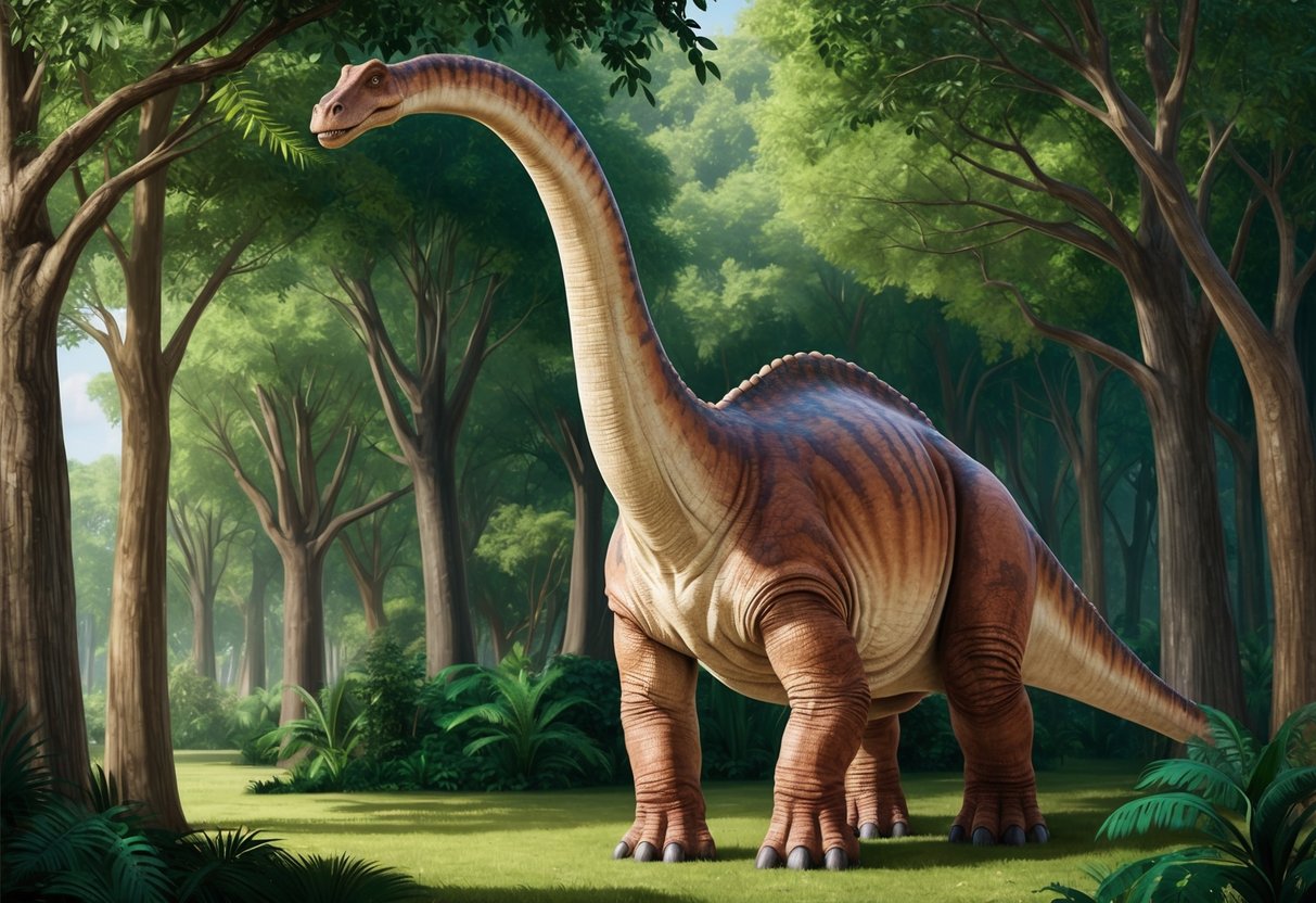 A brachiosaurus stands tall, its long neck reaching for leaves in the treetops of a lush prehistoric forest