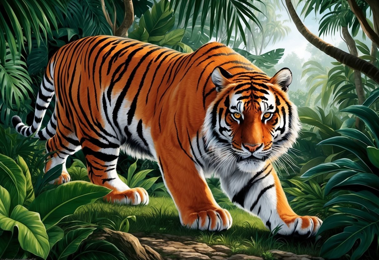 A majestic tiger prowls through a lush jungle, its powerful form and striking orange coat drawing attention to its endangered status