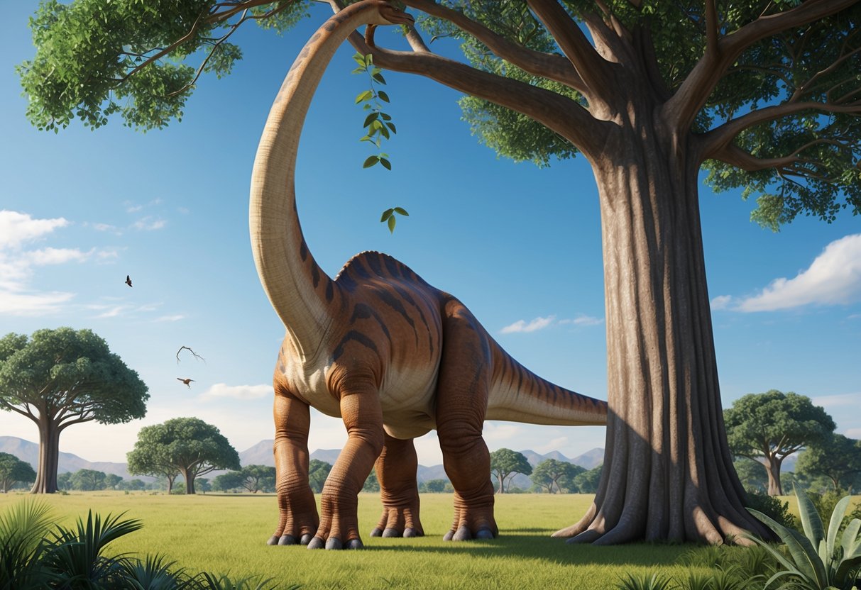 A brachiosaurus stands tall, reaching for leaves on a towering tree, showcasing its evolutionary significance as a herbivorous giant of the prehistoric world