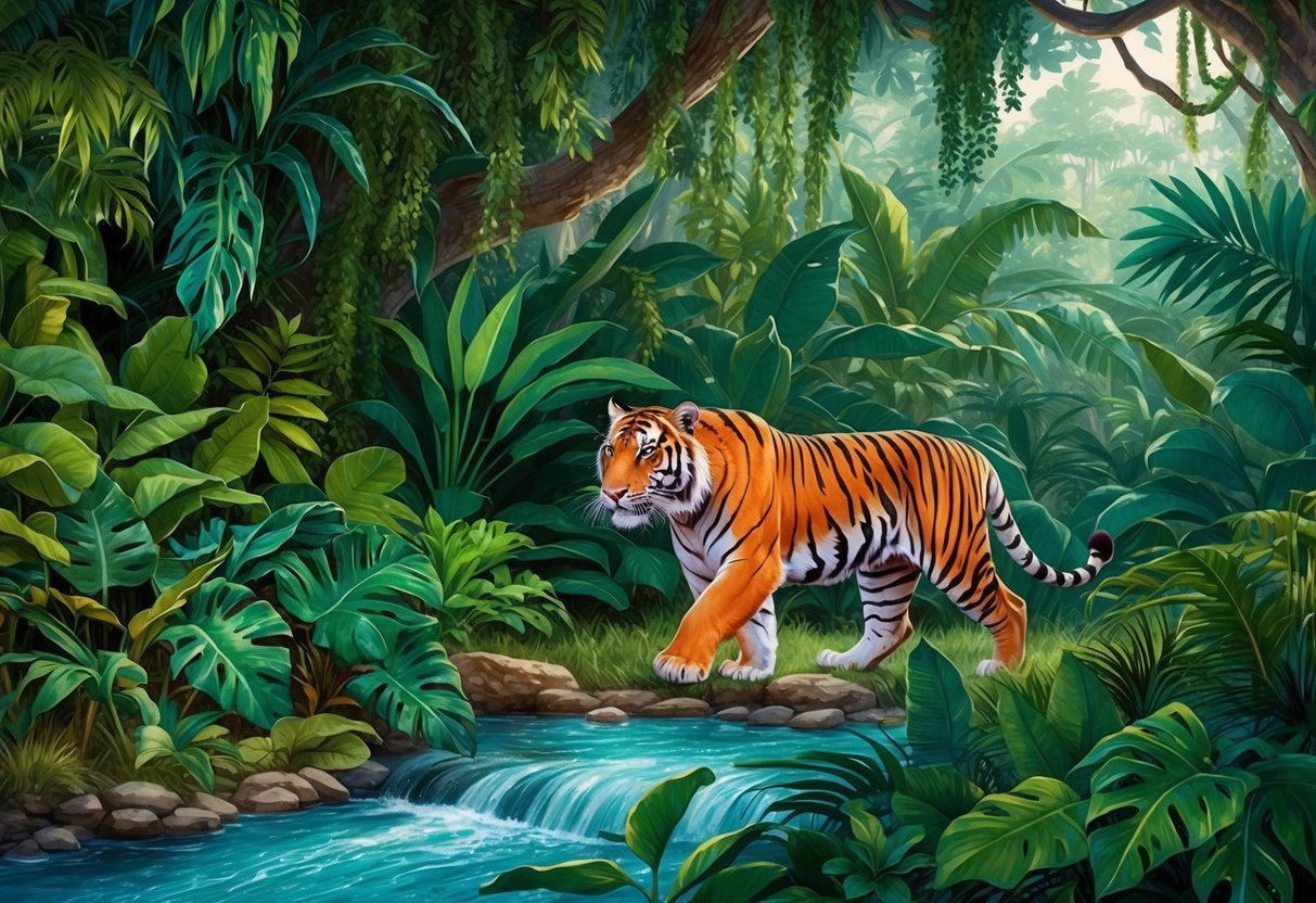 A lush jungle with dense foliage and a flowing river, where a majestic Bengal tiger prowls through the underbrush