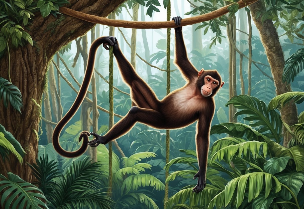 A monkey swings through the dense rainforest canopy, using its prehensile tail and strong limbs to navigate the treetops with ease