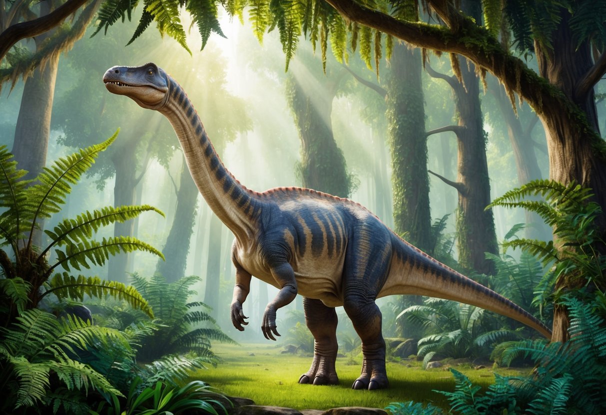 A brachiosaurus stands tall in a lush, prehistoric forest, surrounded by ferns and other ancient plants.</p><p>The dinosaur's long neck reaches up to the canopy, where sunlight filters through the leaves