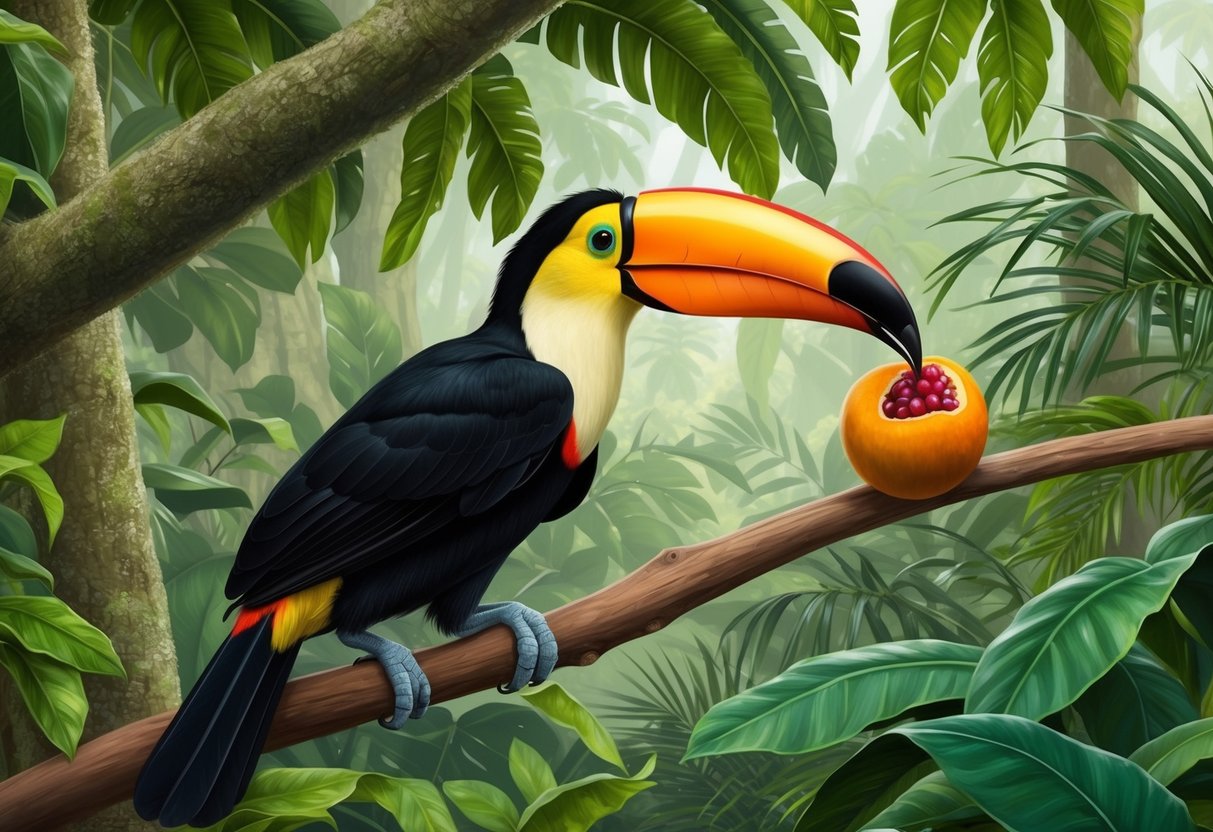 A toucan uses its long, curved beak to pluck fruit from a tree branch in the lush tropical rainforest