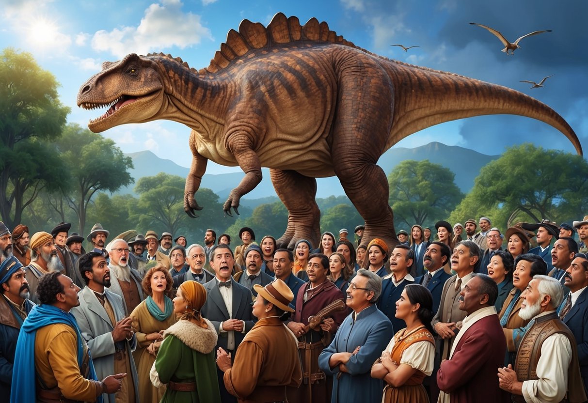 A brachiosaurus towering over a group of amazed onlookers, with a diverse crowd representing different cultures and time periods