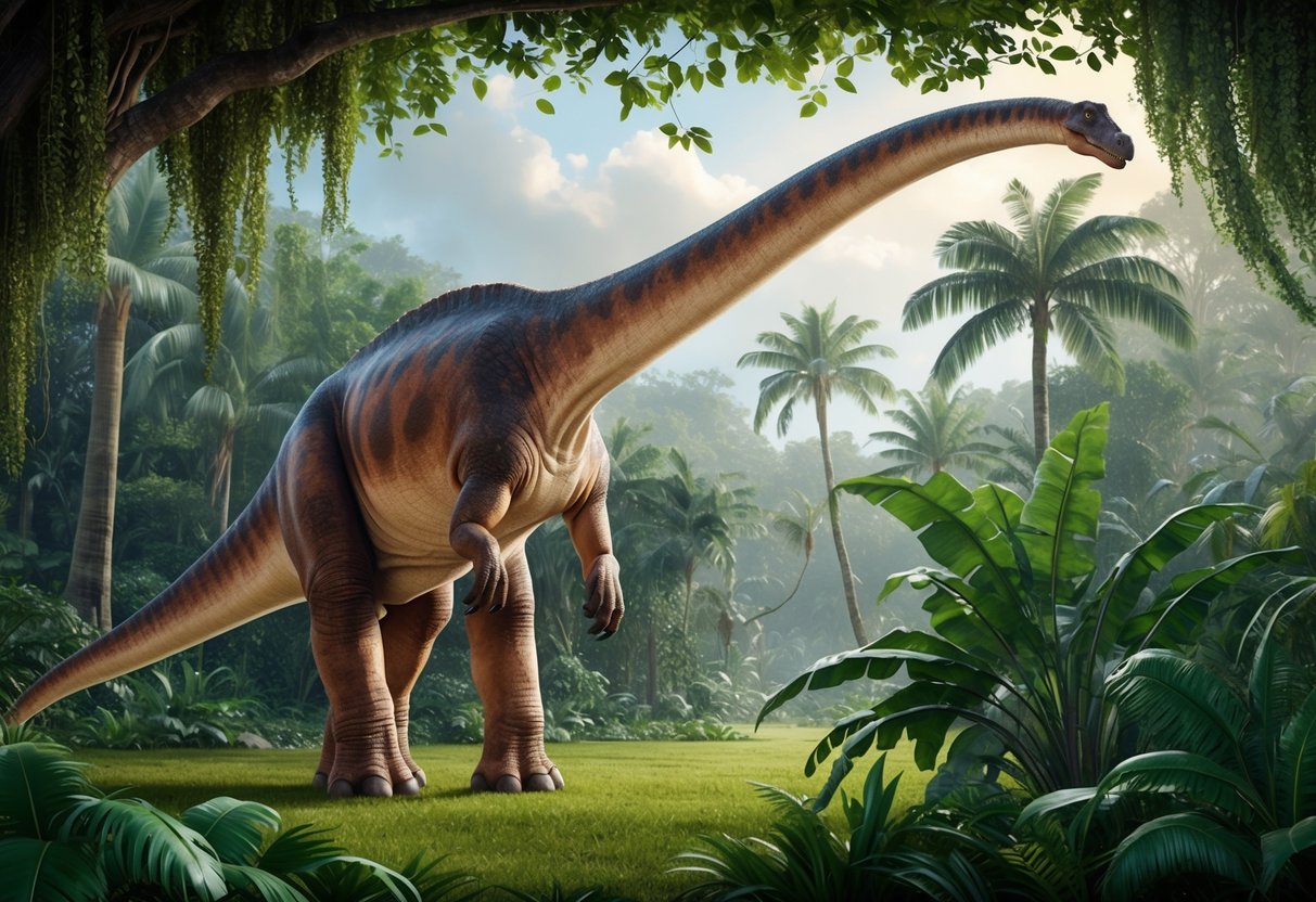 A brachiosaurus stands tall in a lush prehistoric jungle, its long neck reaching for leaves on the canopy above