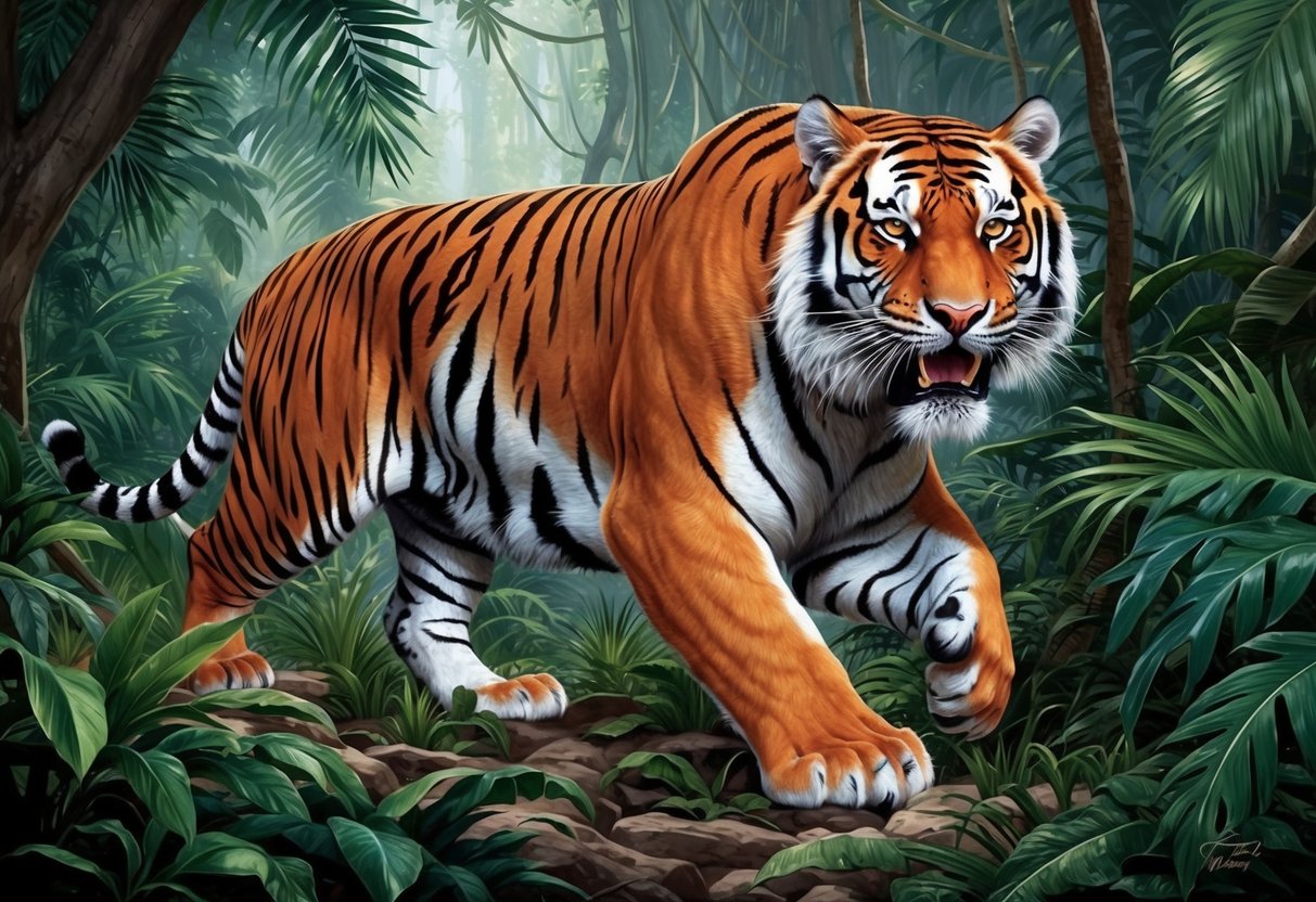 A massive tiger prowls through dense jungle, its powerful muscles rippling as it hunts for prey