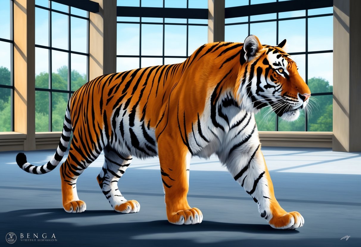 A majestic Bengal tiger paces in a spacious enclosure, its powerful form and striking orange coat a testament to the beauty of the largest tiger species