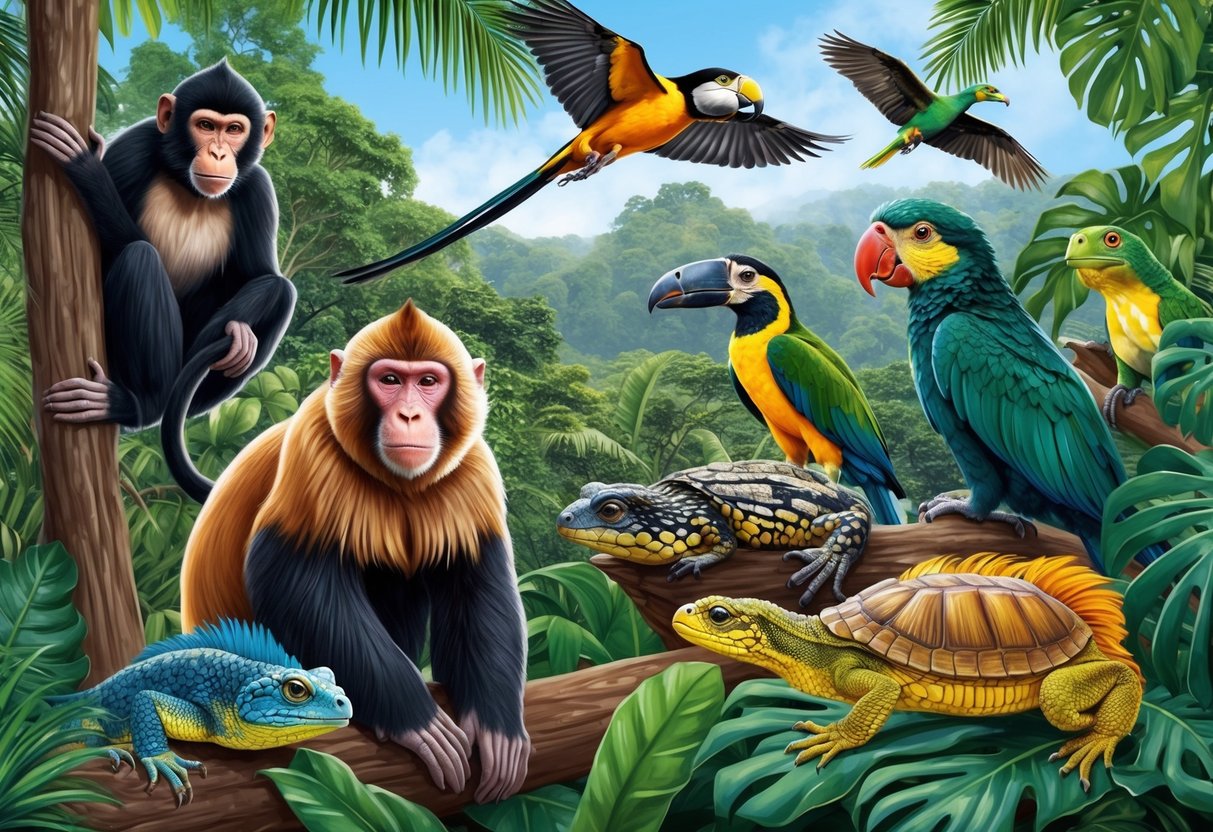 A group of animals in the tropical rainforest, including monkeys, birds, and reptiles, are shown with various adaptations to extreme weather such as thick fur, waterproof feathers, and heat-resistant scales