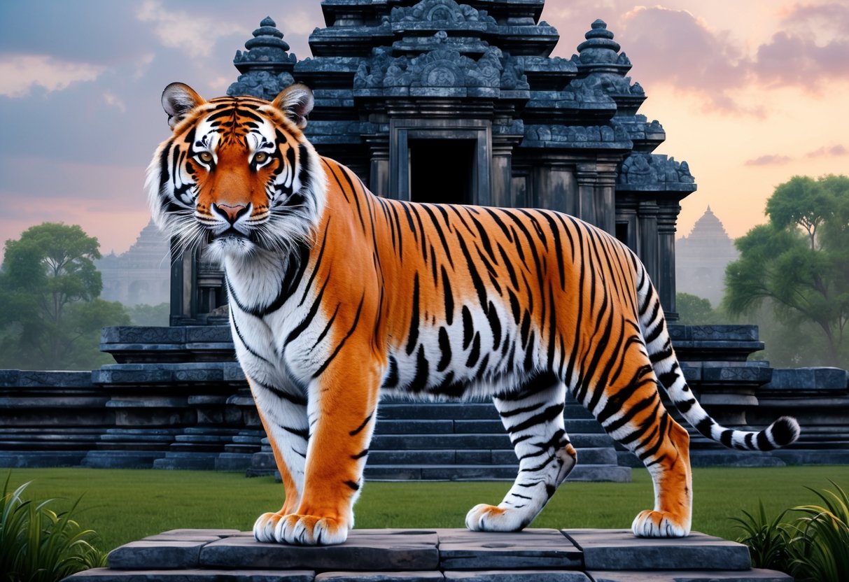 A majestic Bengal tiger stands in front of an ancient temple, symbolizing the cultural and historical significance of the largest tiger species