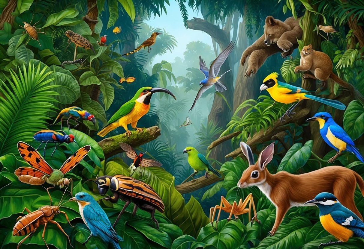 Lush rainforest teeming with diverse wildlife, including camouflaged insects, colorful birds, and elusive mammals adapting to threats