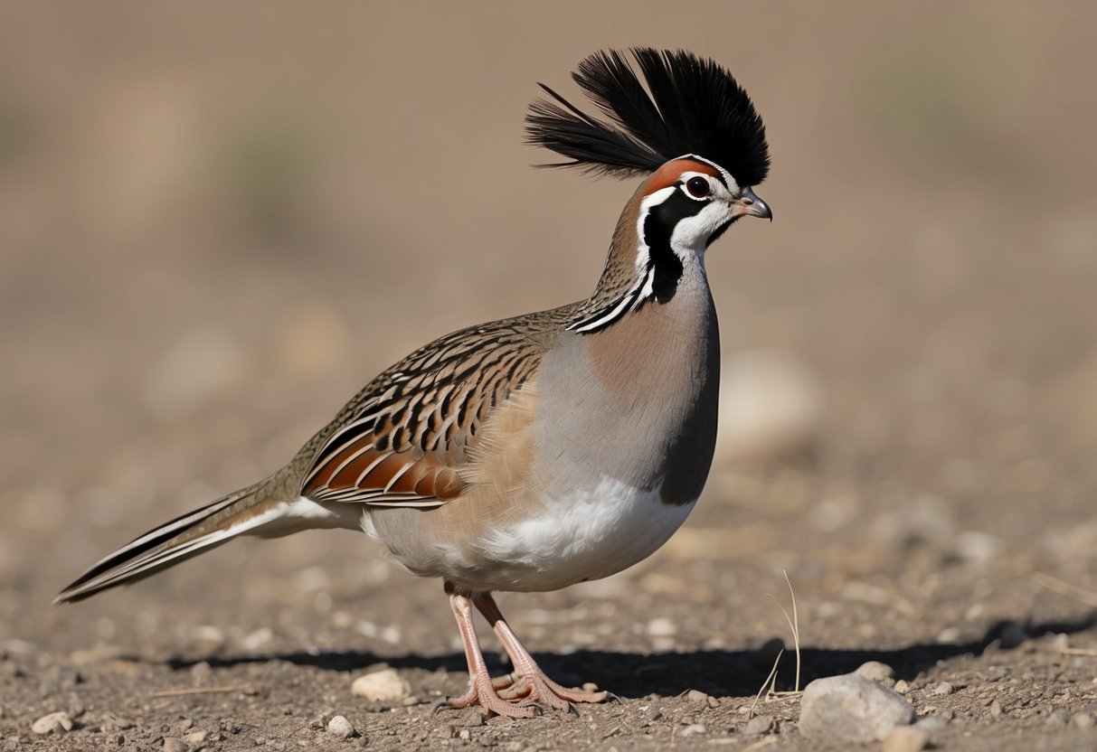 A California quail stands on the ground, with its plump body, short neck, and distinctive forward-curling black plume on its head