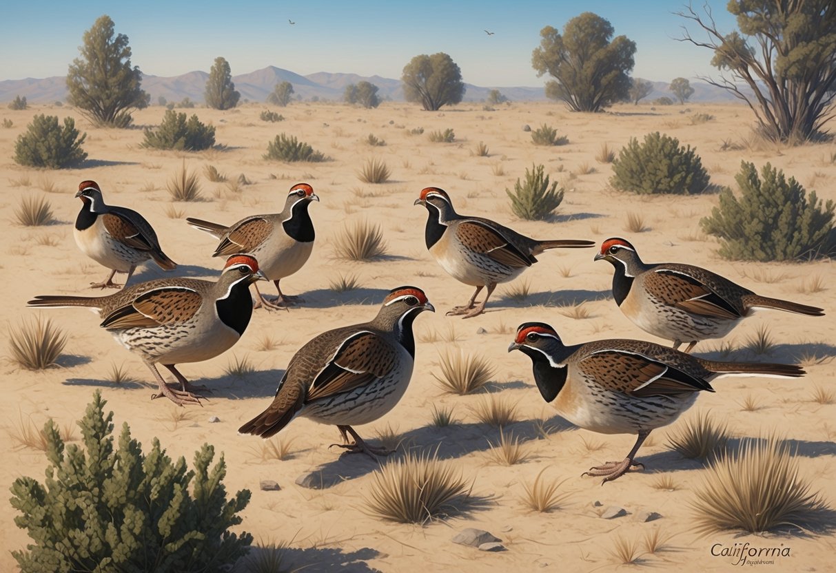 A group of California quails foraging in a dry grassland with scattered shrubs and small trees