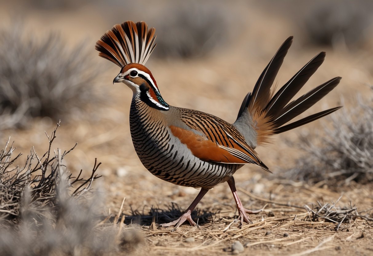 A California quail struts through dry brush, its distinctive plume bobbing as it searches for food