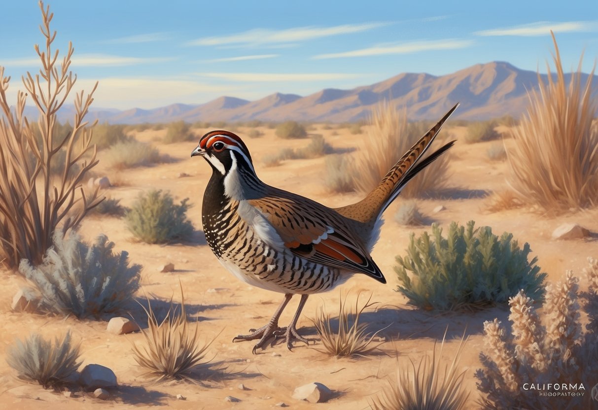 A California quail stands among dry grass and shrubs in a sunny, arid landscape