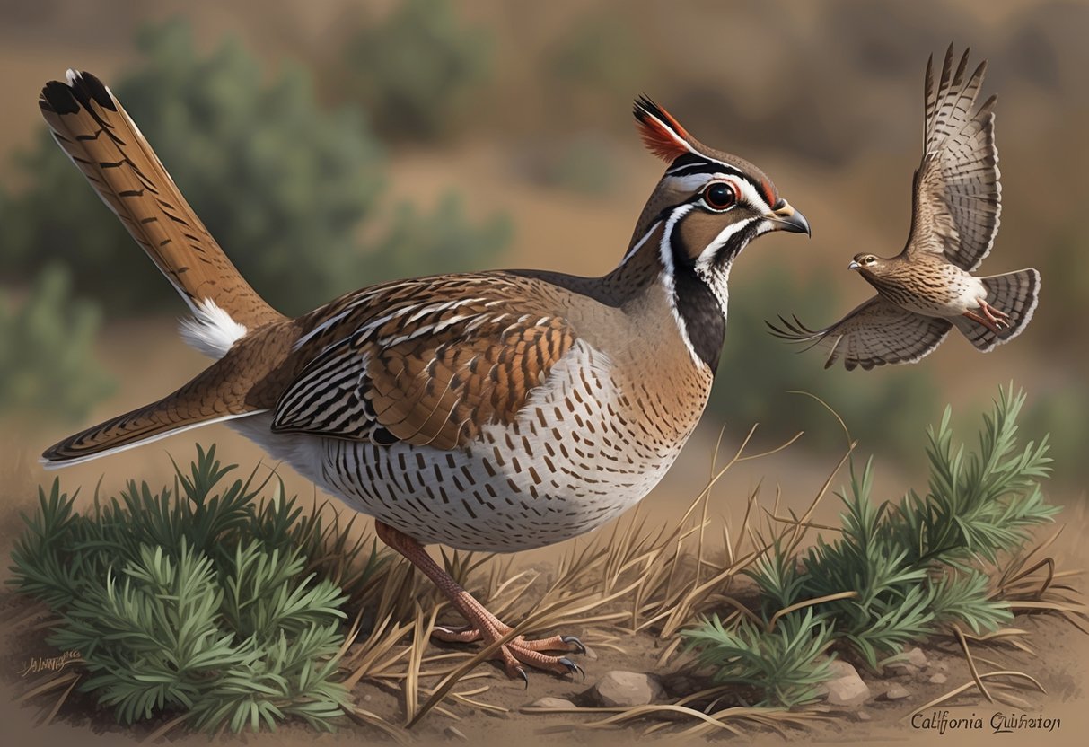 A California quail hides in the brush, alert to the threat of predation from a circling hawk