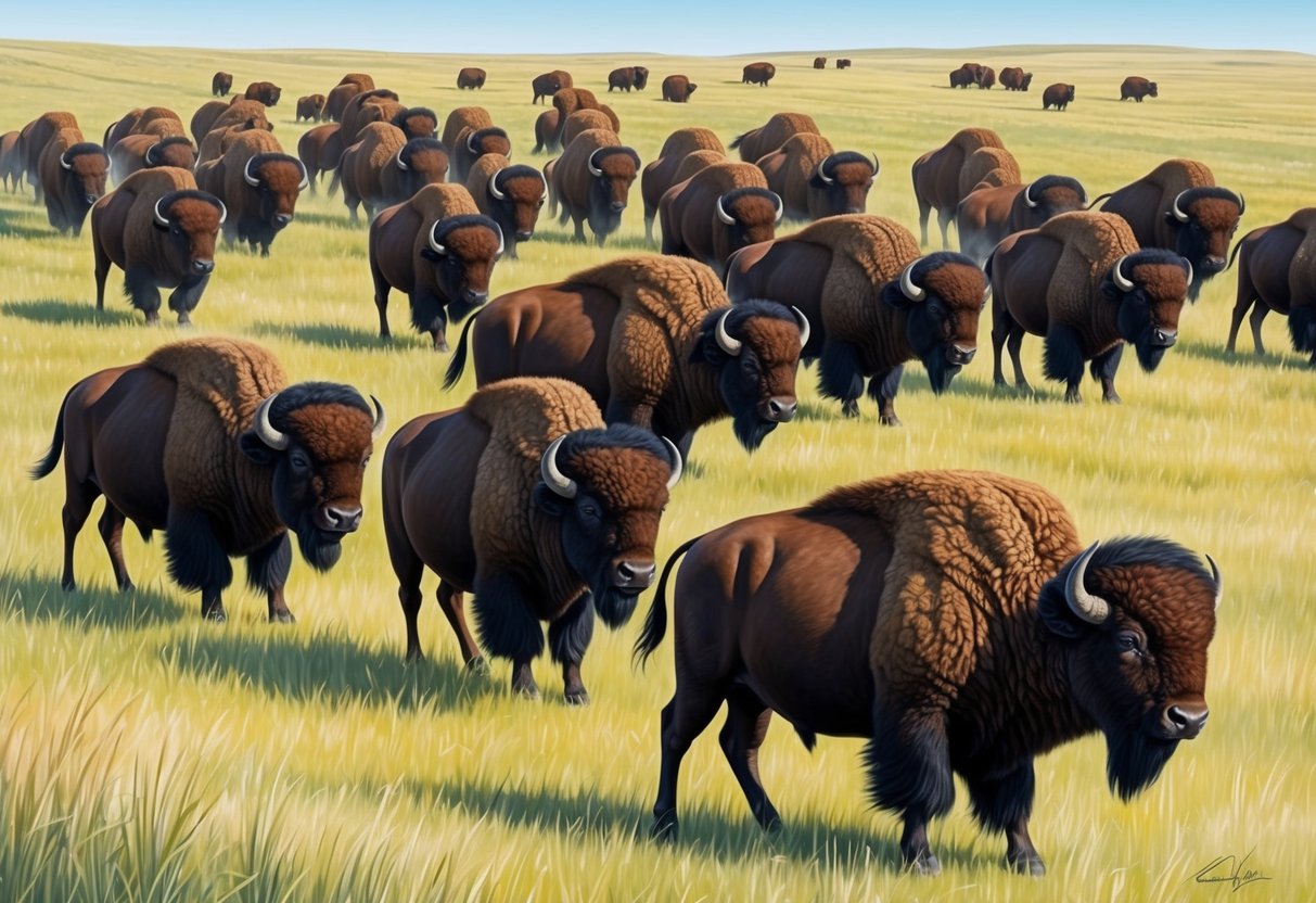 A herd of American bison roam across a vast grassy plain, their powerful bodies and shaggy coats blending in with the natural landscape