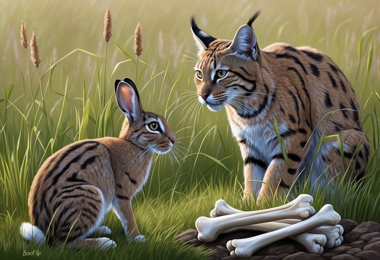 A bobcat crouches in tall grass, eyes fixed on a rabbit.</p><p>Nearby, a pile of bones marks its previous successful hunt