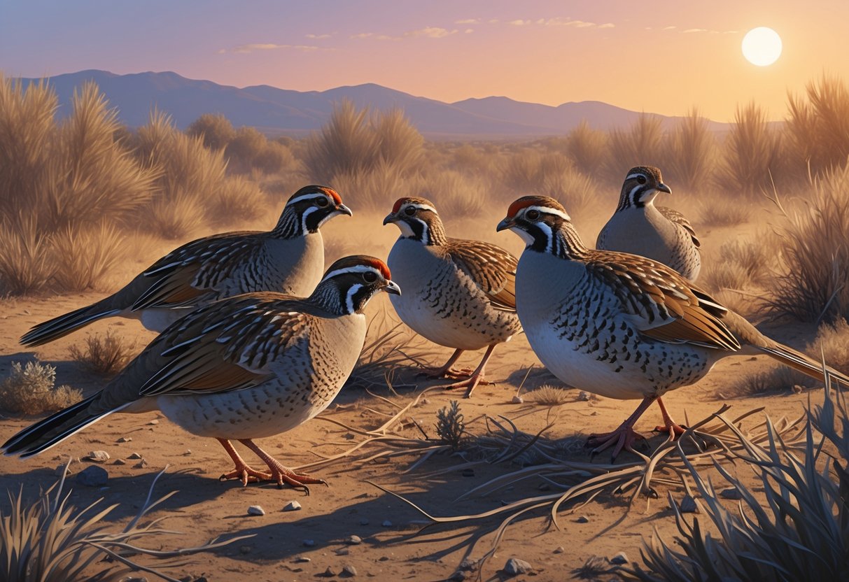 A group of California quails foraging in dry brush under the warm sun