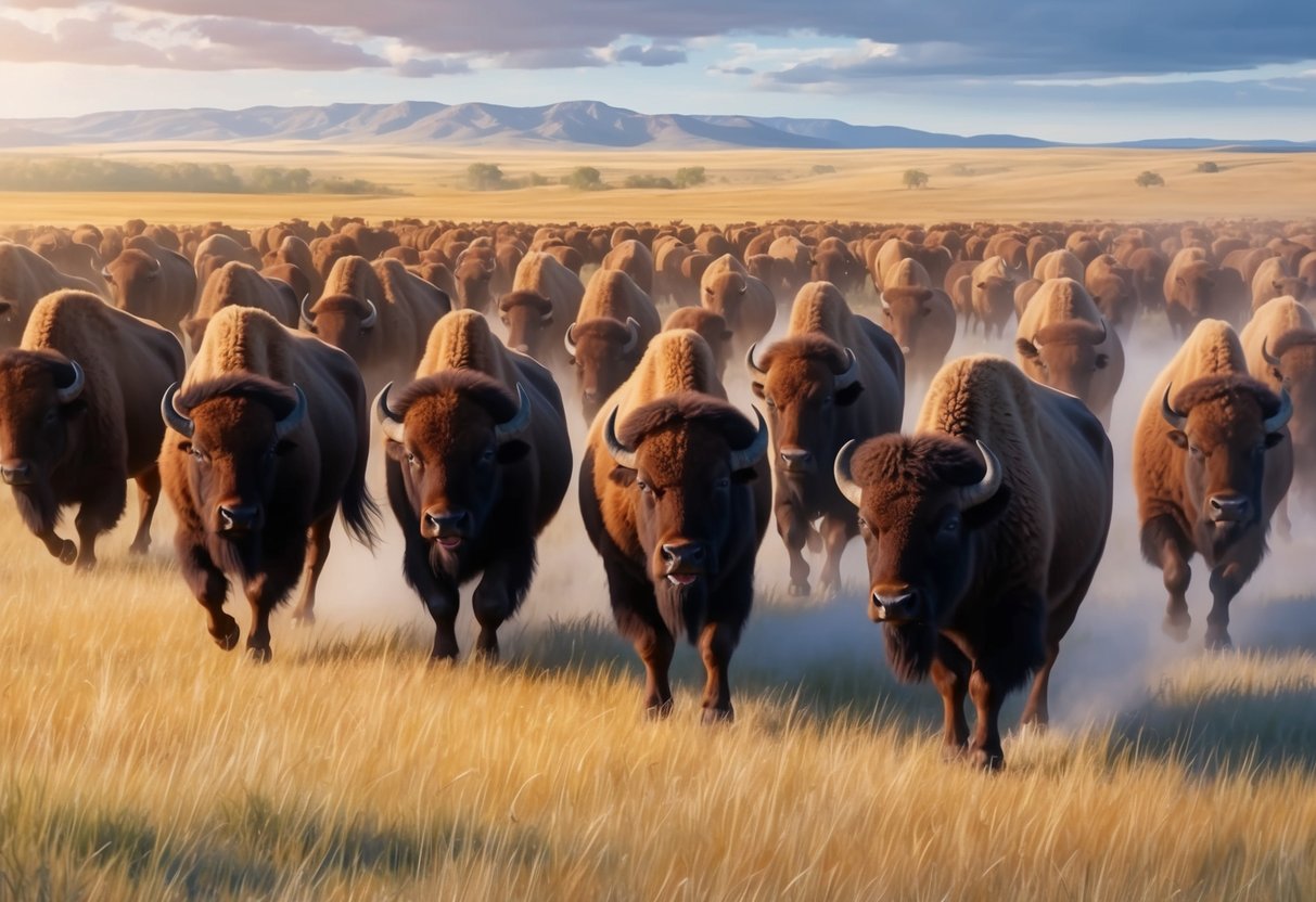 A herd of bison roam freely across the vast grasslands, symbolizing their historical significance and the ongoing threat of endangerment