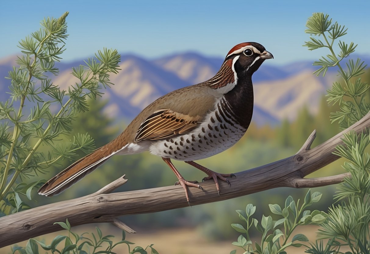 A California quail perched on a branch surrounded by native California flora