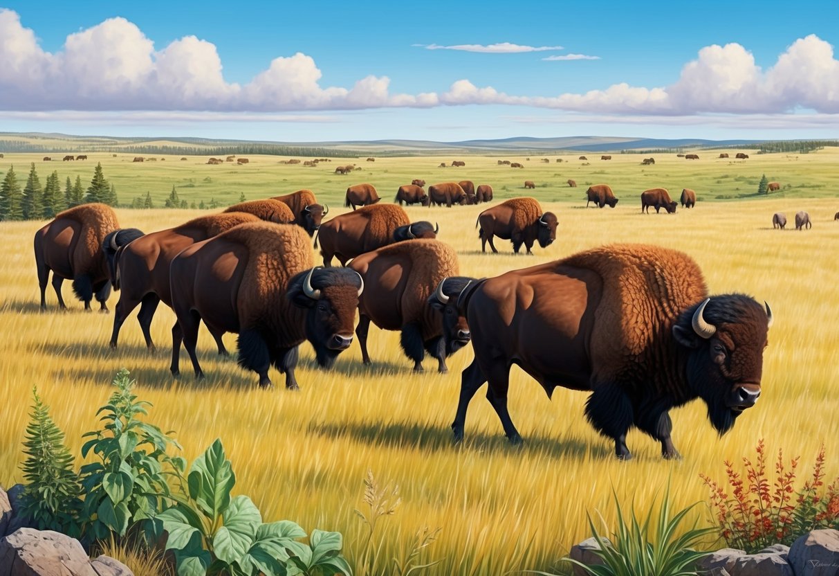 A vast grassland with a herd of bison grazing, surrounded by diverse plant life and other wildlife