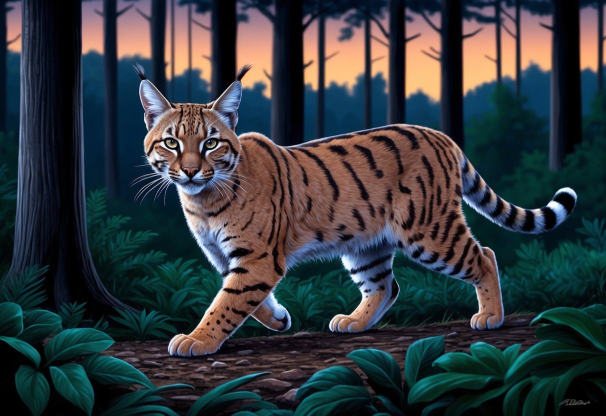 A bobcat prowls through a dense forest at dusk, its sharp eyes and pointed ears alert for prey