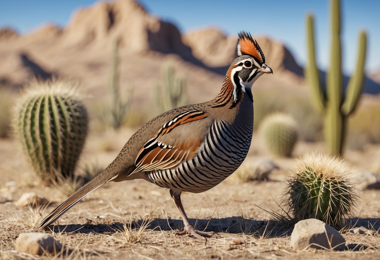 A California quail standing on dry grass in a desert setting, with cacti and rocky terrain in the background