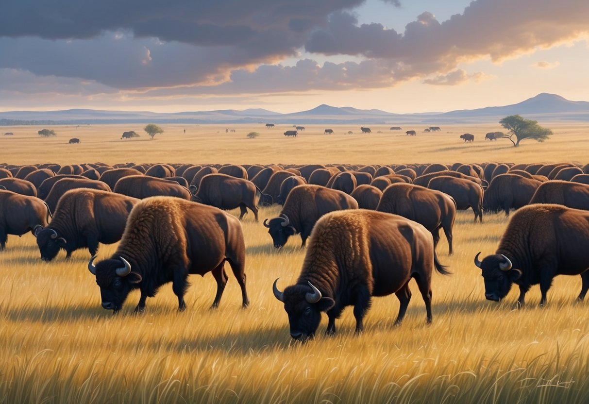 A herd of buffalo grazes on a vast grassland, their numbers dwindling as they struggle to survive in their endangered habitat