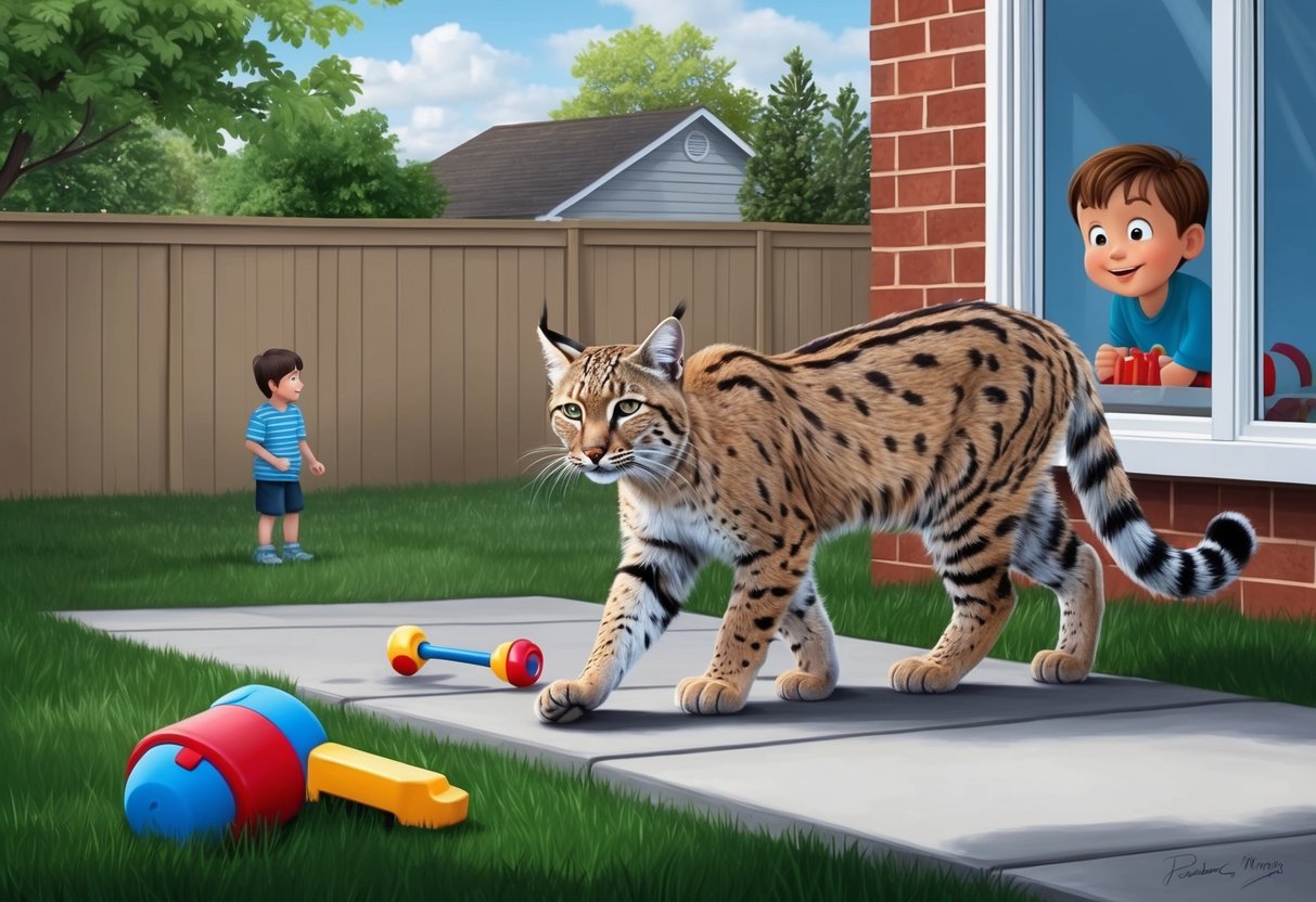 A bobcat cautiously approaches a suburban backyard, eyeing a discarded toy.</p><p>A curious child watches from the window