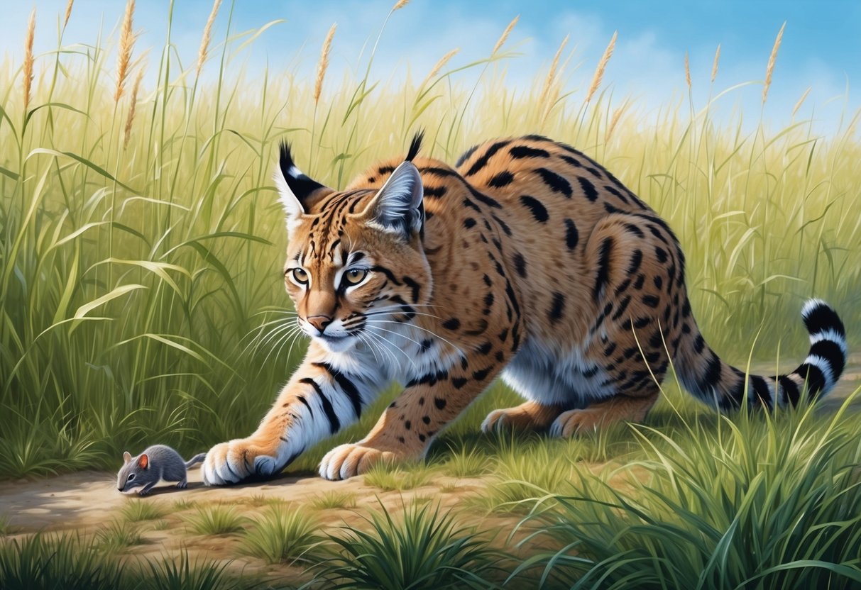 A bobcat crouches in tall grass, stalking a small rodent.</p><p>Its sharp eyes and agile body are adapted for hunting and survival in the wild