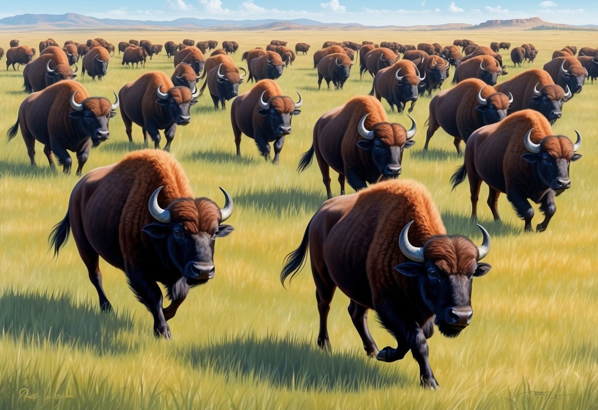 A herd of buffalo roam through a grassy plain, their powerful presence a reminder of the delicate balance between ecology and human impact