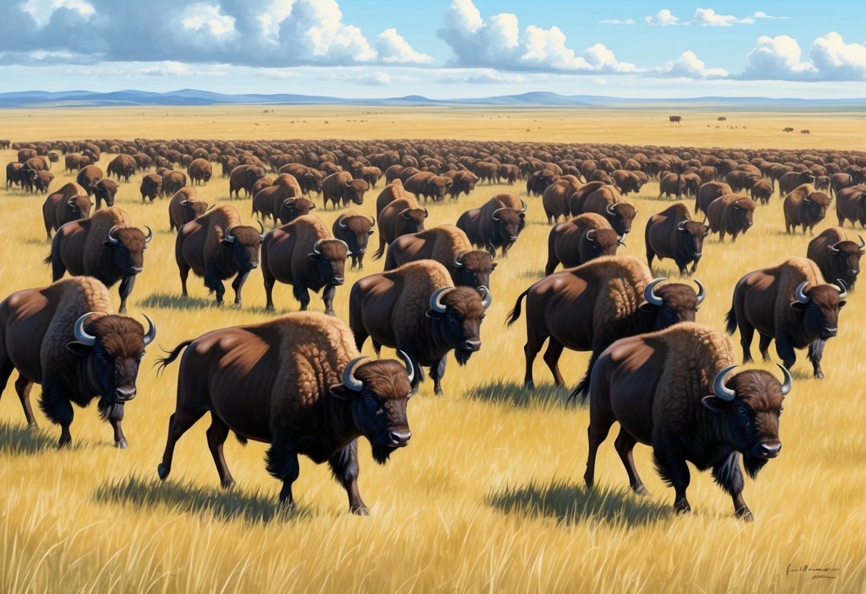 A herd of buffalo roam a vast, grassy plain, their numbers dwindling as they face the threat of extinction