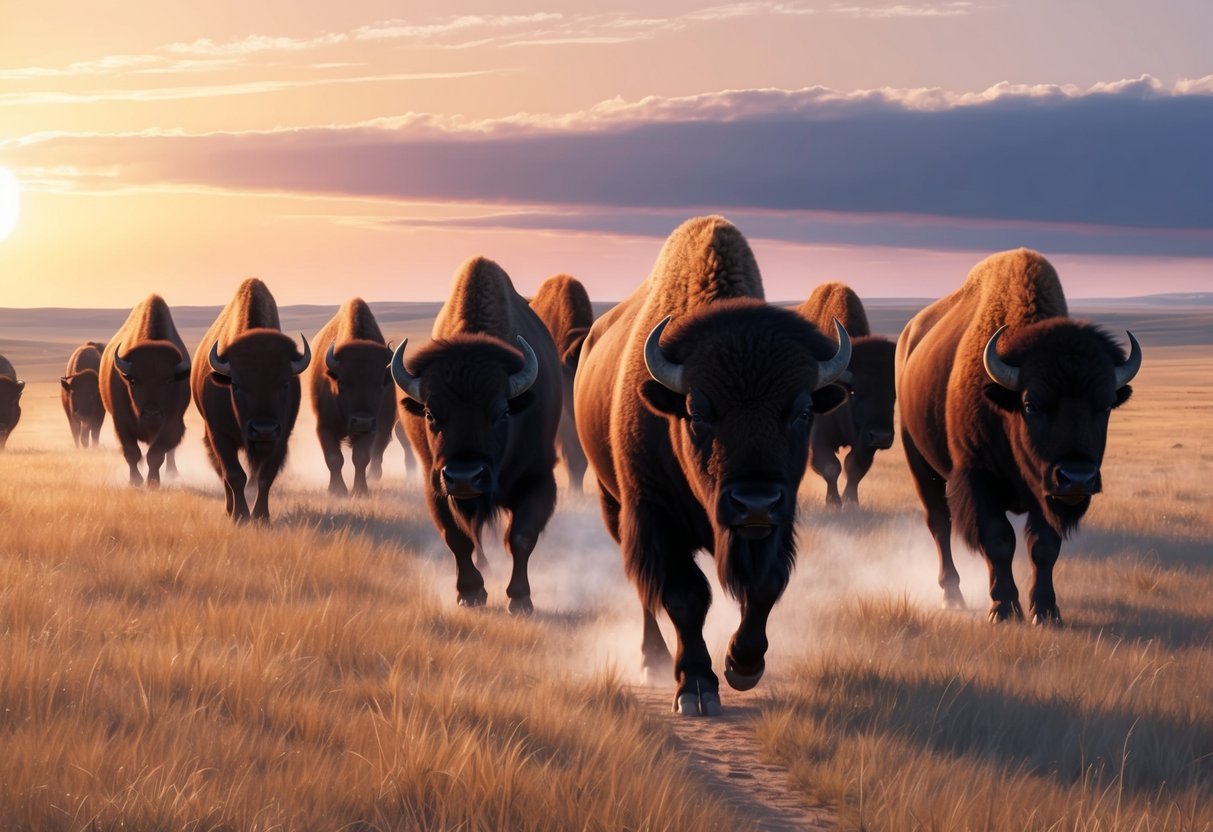 A herd of bison roam across a vast, open prairie, their powerful bodies silhouetted against the setting sun