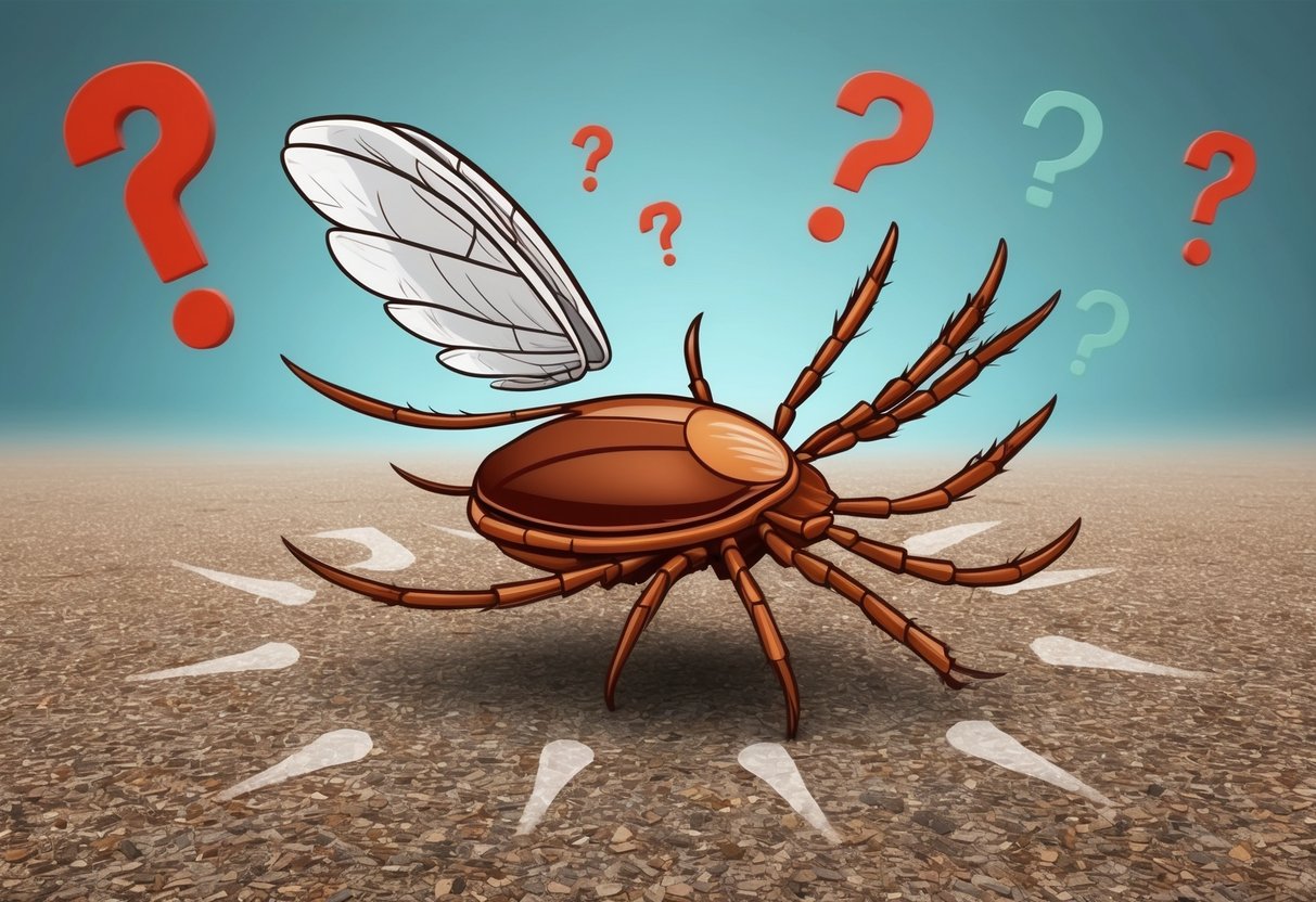 A tick is shown with wings, attempting to fly but falling to the ground, surrounded by question marks